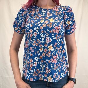 Pleione Women's Floral Blouse Top Shirt Blue S SM Small Short Puff Sleeve Light